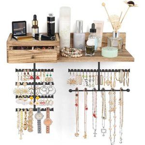 Jewelry Organizer Hanging Wall Mounted Jewelry Holder with Rustic Wood Drawer